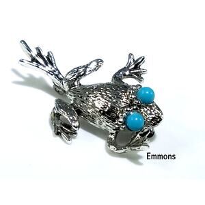 Vintage Emmons Frog Brooch Silver Tone Turquoise Eyes 1970s Book Piece Pin